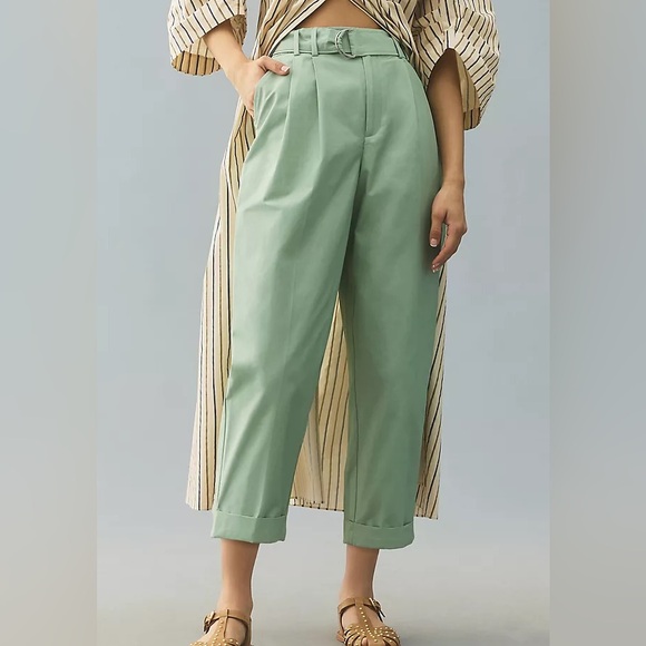 Anthropologie x Maeve Tapered Sea Foam Green Crop Pants Cotton Nylon Blend - Picture 1 of 9